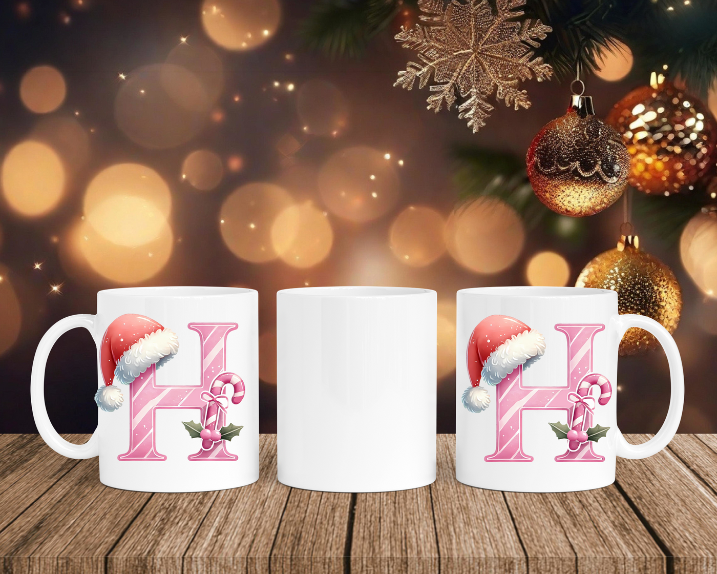 Personalisierte Keramik-Tasse in Weiß-mit Christmas Pink-Alphabet & Namen