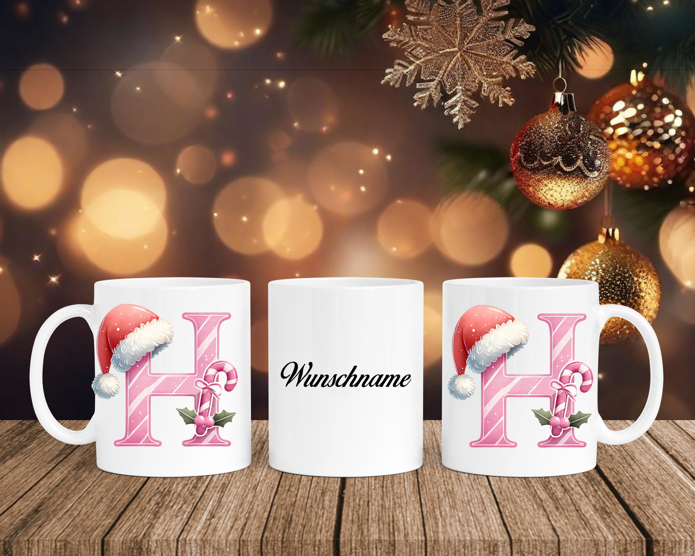 Personalisierte Keramik-Tasse in Weiß-mit Christmas Pink-Alphabet & Namen