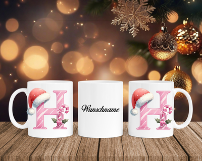 Personalisierte Keramik-Tasse in Weiß-mit Christmas Pink-Alphabet & Namen