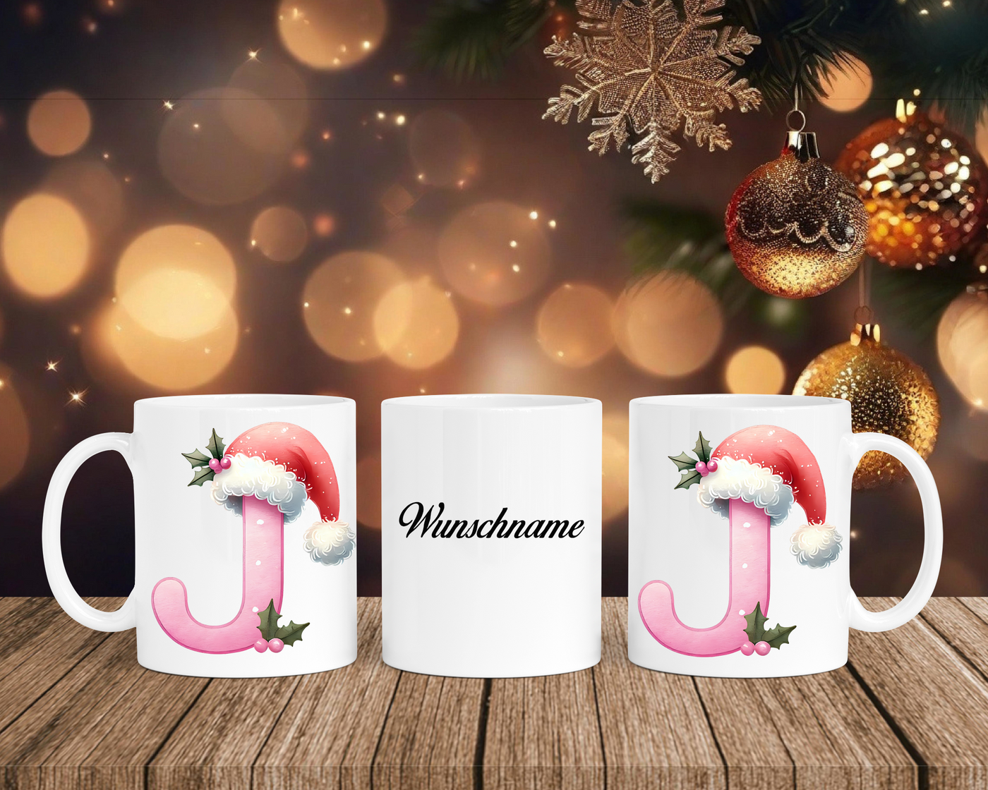 Personalisierte Keramik-Tasse in Weiß-mit Christmas Pink-Alphabet & Namen