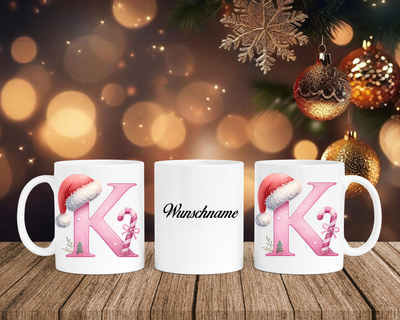 Personalisierte Keramik-Tasse in Weiß-mit Christmas Pink-Alphabet & Namen