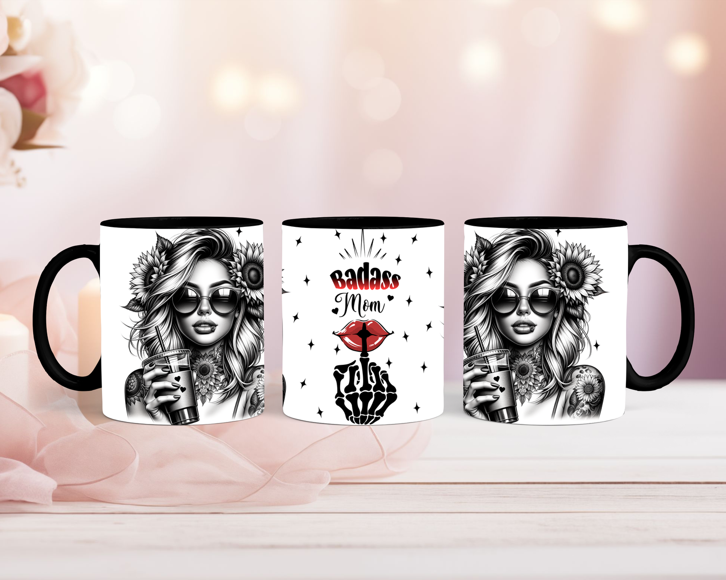 Tasse Badass Mom starke Frau mit Sonnenblumen