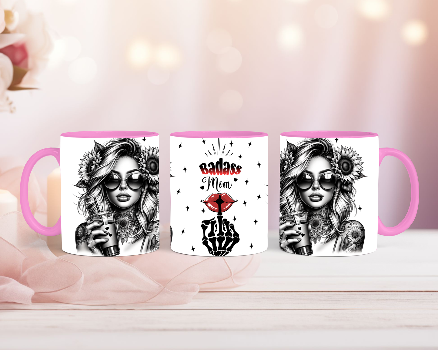 Tasse Badass Mom starke Frau mit Sonnenblumen