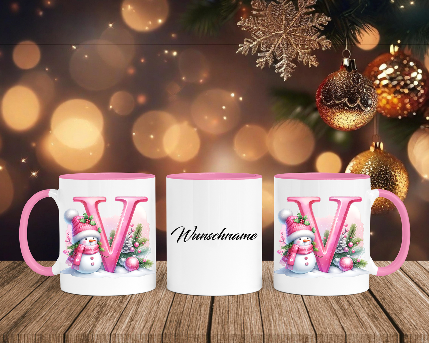 Personalisierte Keramik-Tasse in Rosa - mit Schneemann Rosa-Alphabet & Namen