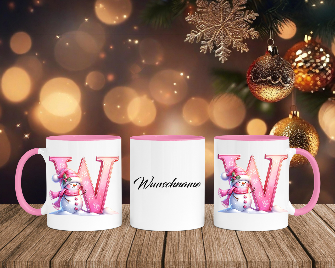 Personalisierte Keramik-Tasse in Rosa - mit Schneemann Rosa-Alphabet & Namen