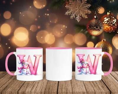 Personalisierte Keramik-Tasse in Rosa - mit Schneemann Rosa-Alphabet & Namen