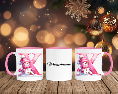 Personalisierte Keramik-Tasse in Rosa - mit Schneemann Rosa-Alphabet & Namen
