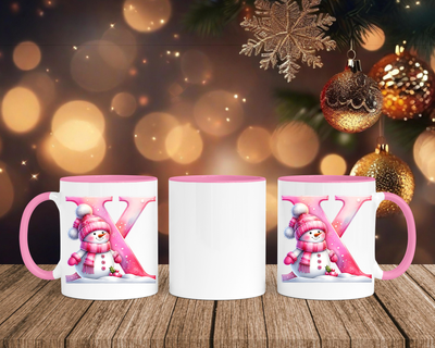 Personalisierte Keramik-Tasse in Rosa - mit Schneemann Rosa-Alphabet & Namen