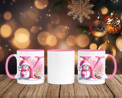 Personalisierte Keramik-Tasse in Rosa - mit Schneemann Rosa-Alphabet & Namen