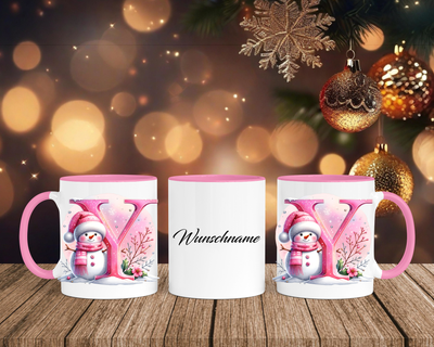 Personalisierte Keramik-Tasse in Rosa - mit Schneemann Rosa-Alphabet & Namen