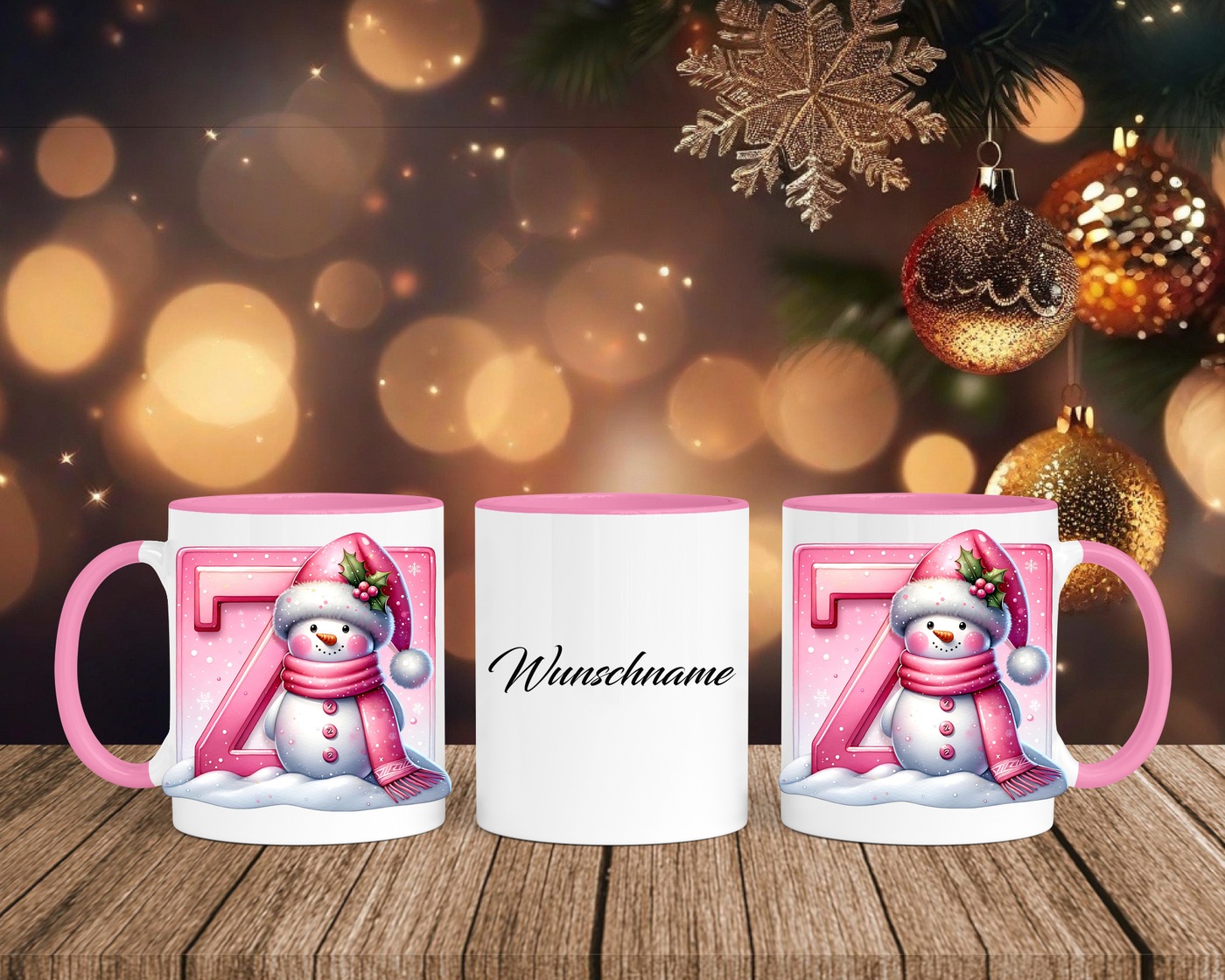 Personalisierte Keramik-Tasse in Rosa - mit Schneemann Rosa-Alphabet & Namen