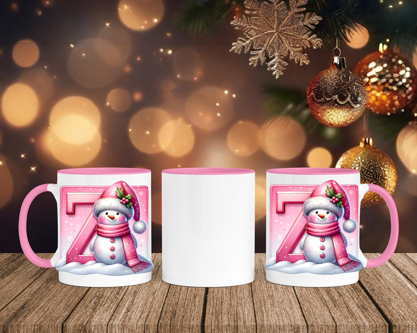 Personalisierte Keramik-Tasse in Rosa - mit Schneemann Rosa-Alphabet & Namen