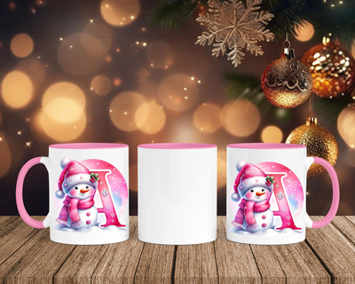 Personalisierte Keramik-Tasse in Rosa - mit Schneemann Rosa-Alphabet & Namen
