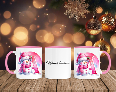 Personalisierte Keramik-Tasse in Rosa - mit Schneemann Rosa-Alphabet & Namen