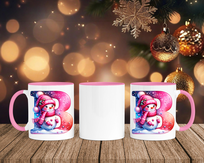 Personalisierte Keramik-Tasse in Rosa - mit Schneemann Rosa-Alphabet & Namen