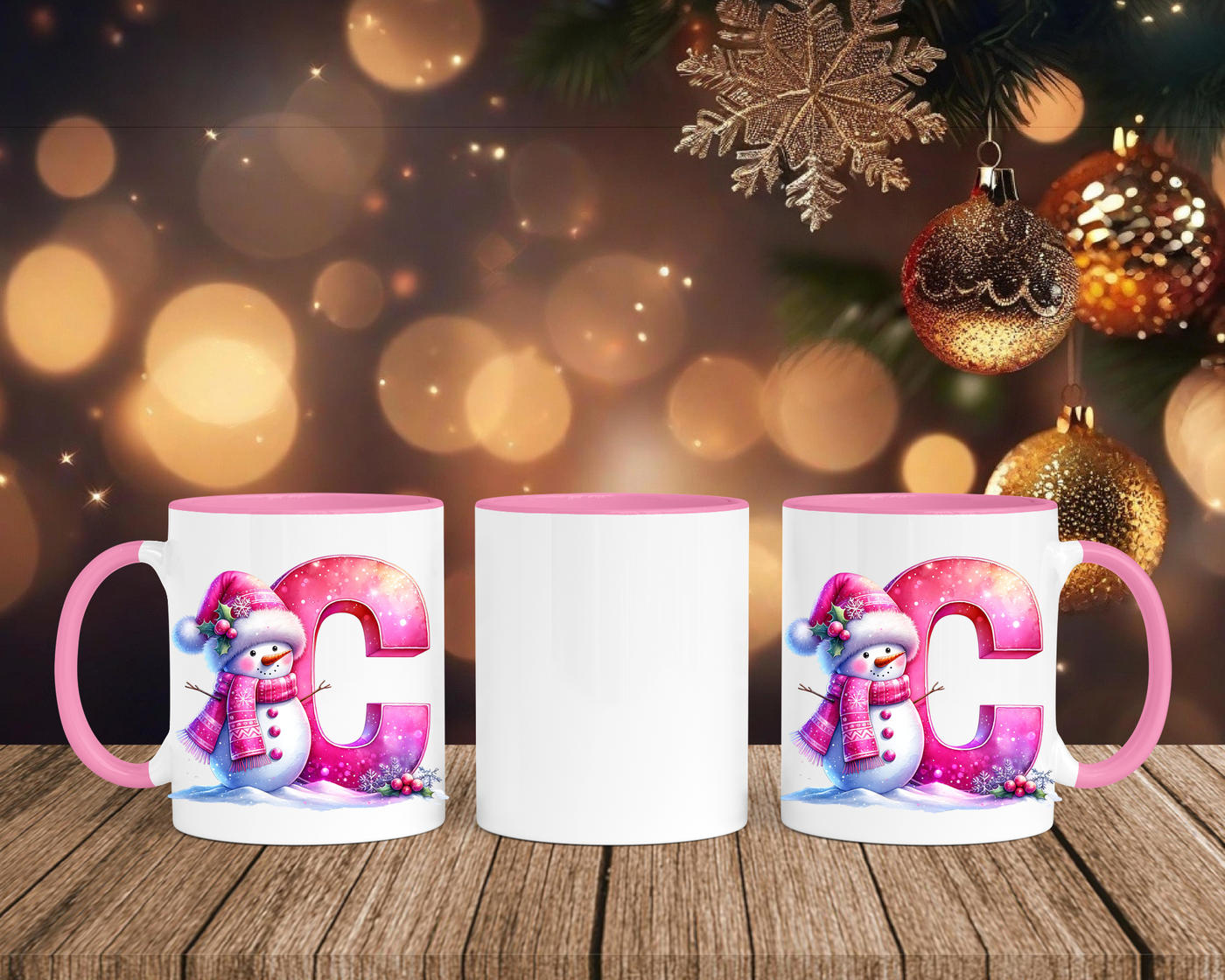 Personalisierte Keramik-Tasse in Rosa - mit Schneemann Rosa-Alphabet & Namen