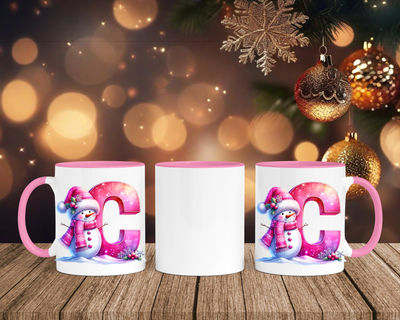 Personalisierte Keramik-Tasse in Rosa - mit Schneemann Rosa-Alphabet & Namen