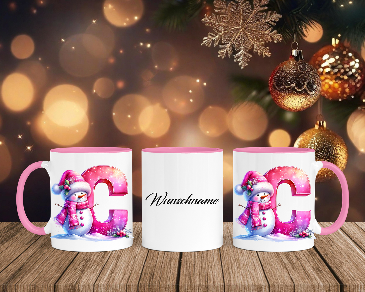 Personalisierte Keramik-Tasse in Rosa - mit Schneemann Rosa-Alphabet & Namen