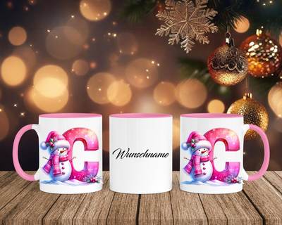 Personalisierte Keramik-Tasse in Rosa - mit Schneemann Rosa-Alphabet & Namen