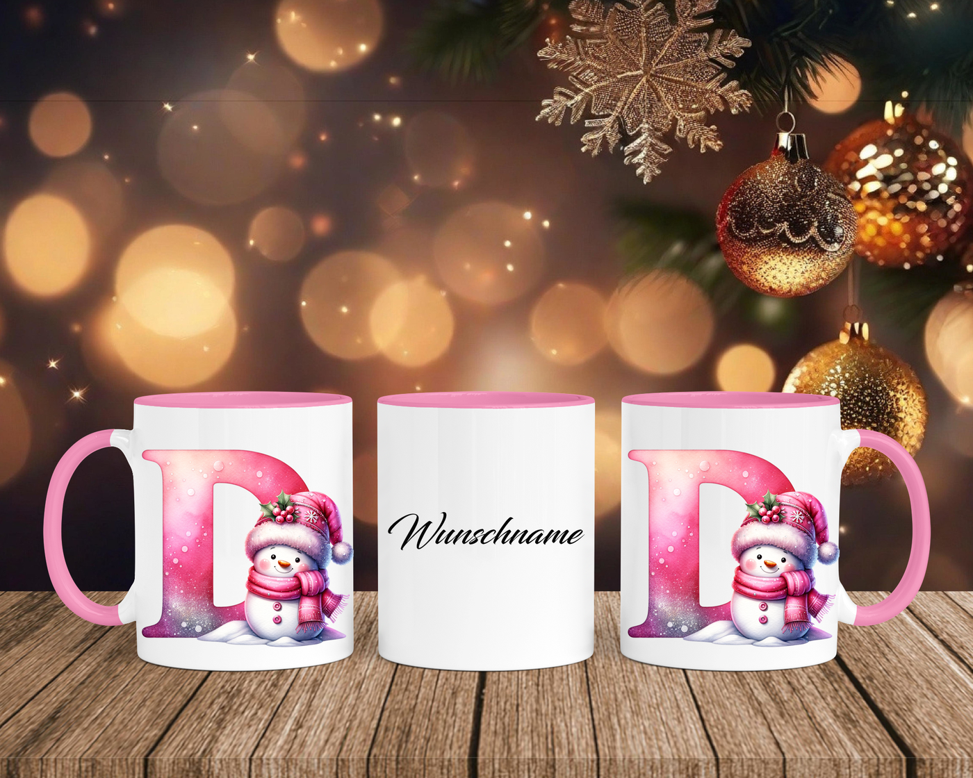 Personalisierte Keramik-Tasse in Rosa - mit Schneemann Rosa-Alphabet & Namen