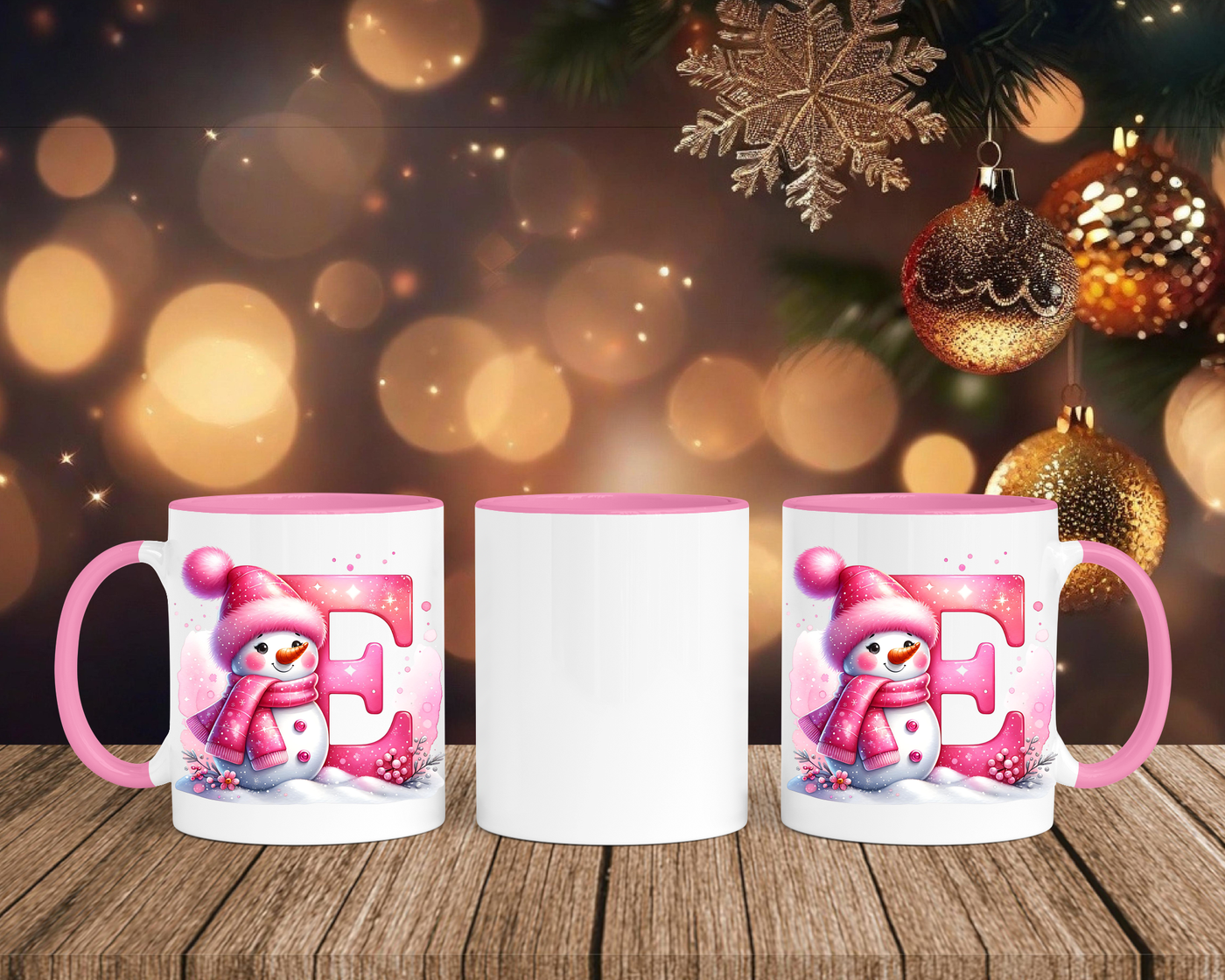 Personalisierte Keramik-Tasse in Rosa - mit Schneemann Rosa-Alphabet & Namen