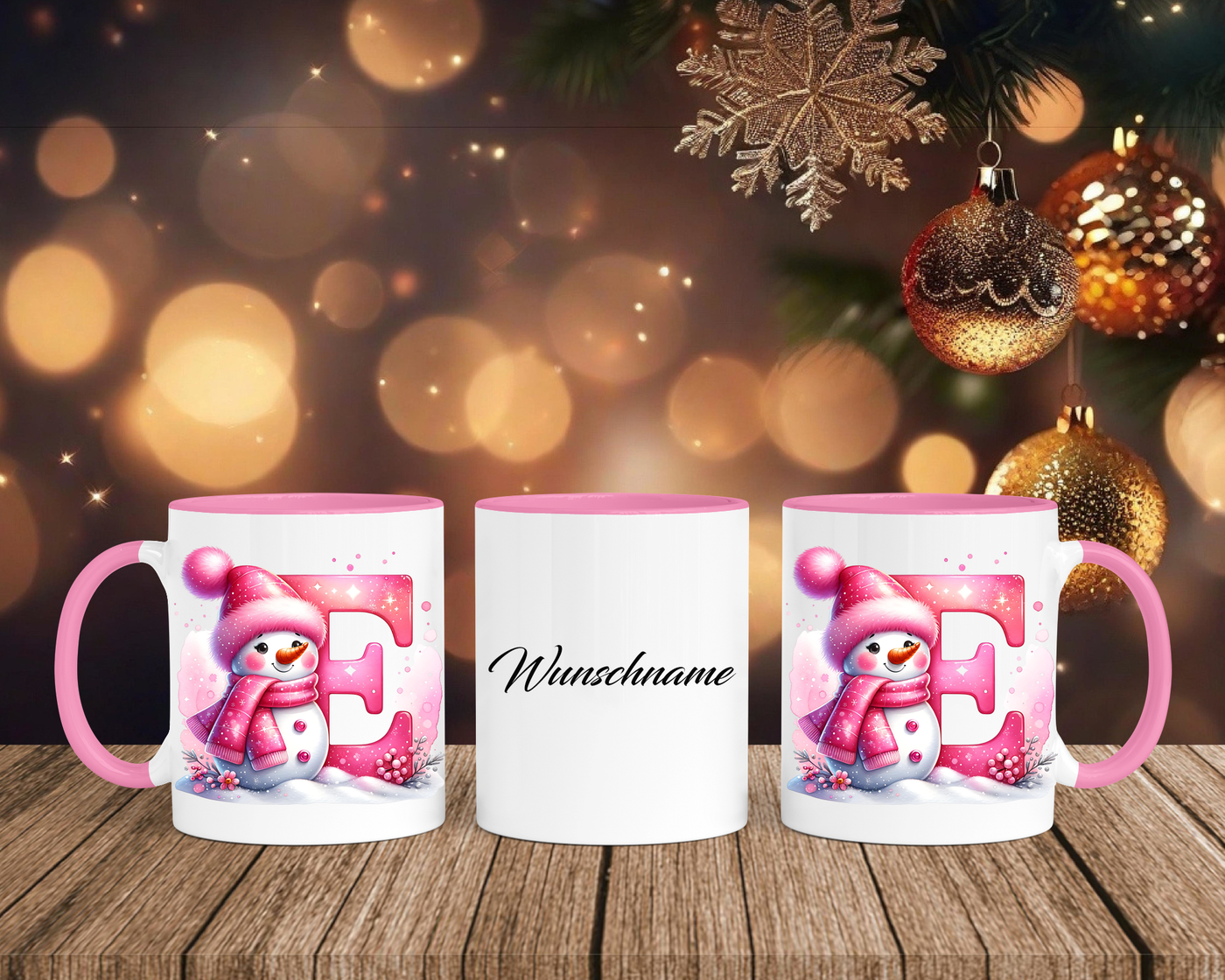 Personalisierte Keramik-Tasse in Rosa - mit Schneemann Rosa-Alphabet & Namen
