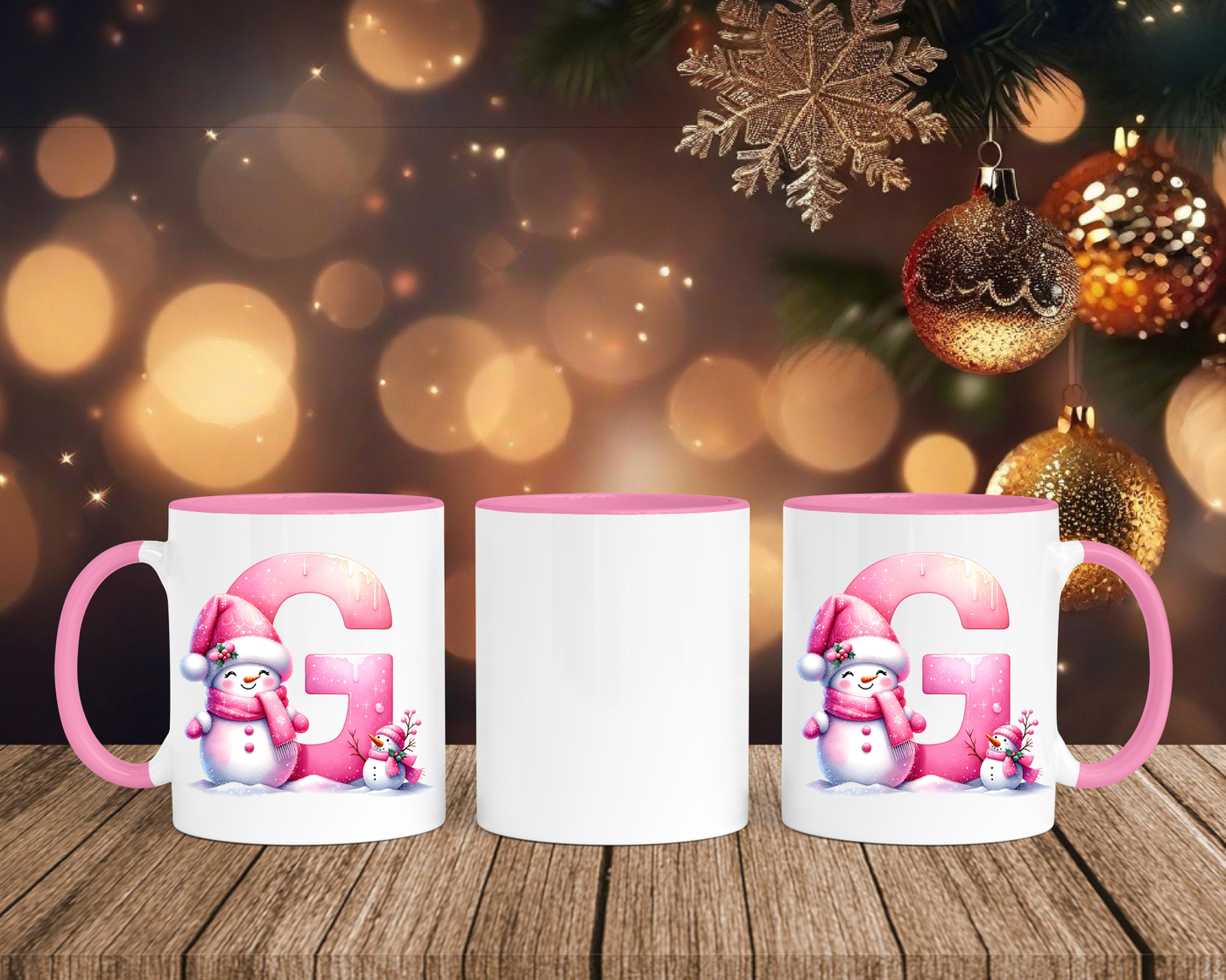 Personalisierte Keramik-Tasse in Rosa - mit Schneemann Rosa-Alphabet & Namen
