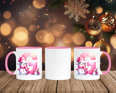 Personalisierte Keramik-Tasse in Rosa - mit Schneemann Rosa-Alphabet & Namen