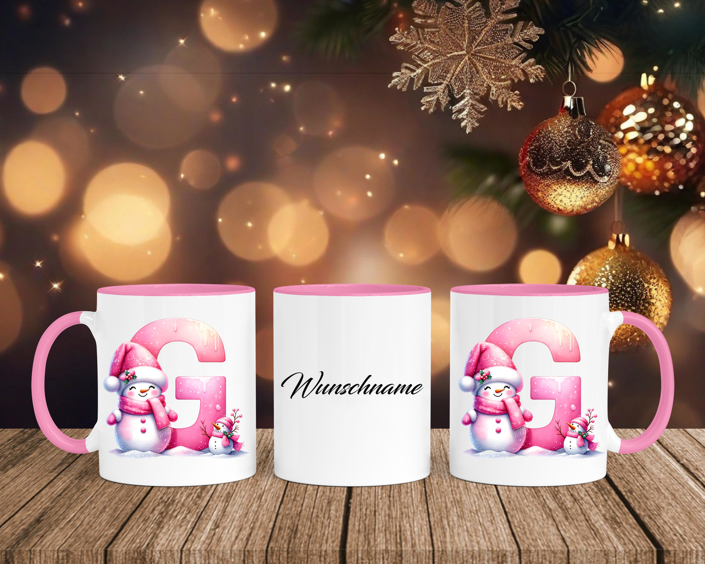Personalisierte Keramik-Tasse in Rosa - mit Schneemann Rosa-Alphabet & Namen