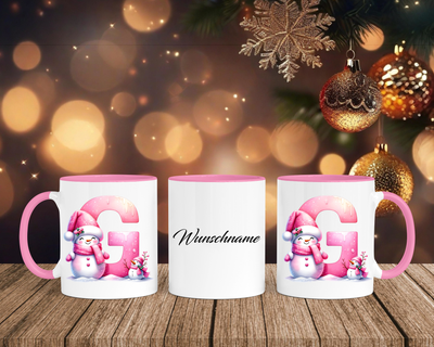 Personalisierte Keramik-Tasse in Rosa - mit Schneemann Rosa-Alphabet & Namen