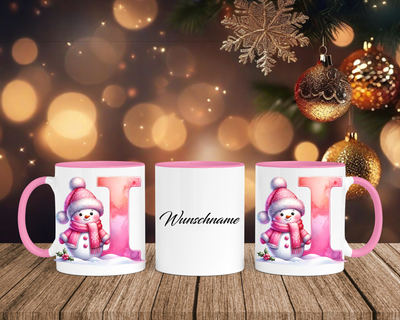 Personalisierte Keramik-Tasse in Rosa - mit Schneemann Rosa-Alphabet & Namen