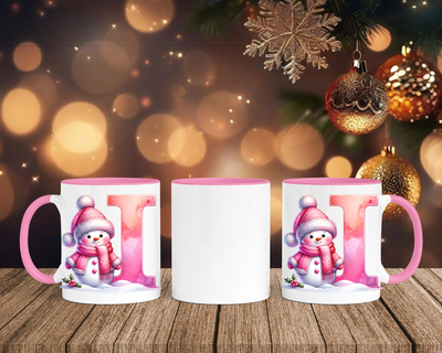 Personalisierte Keramik-Tasse in Rosa - mit Schneemann Rosa-Alphabet & Namen