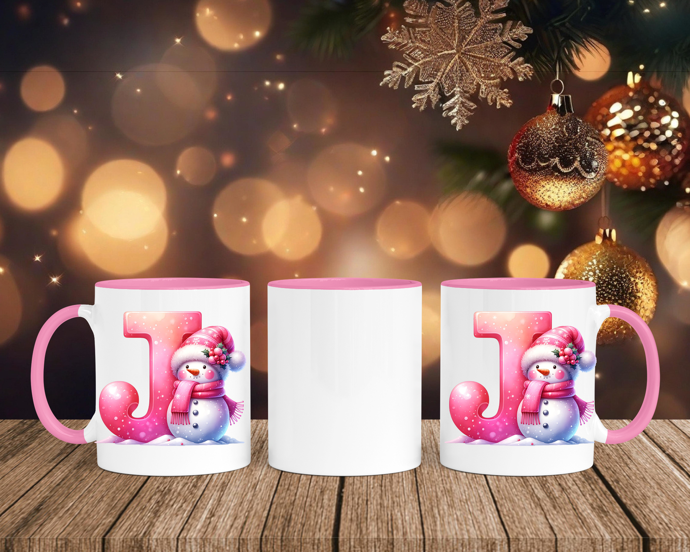 Personalisierte Keramik-Tasse in Rosa - mit Schneemann Rosa-Alphabet & Namen