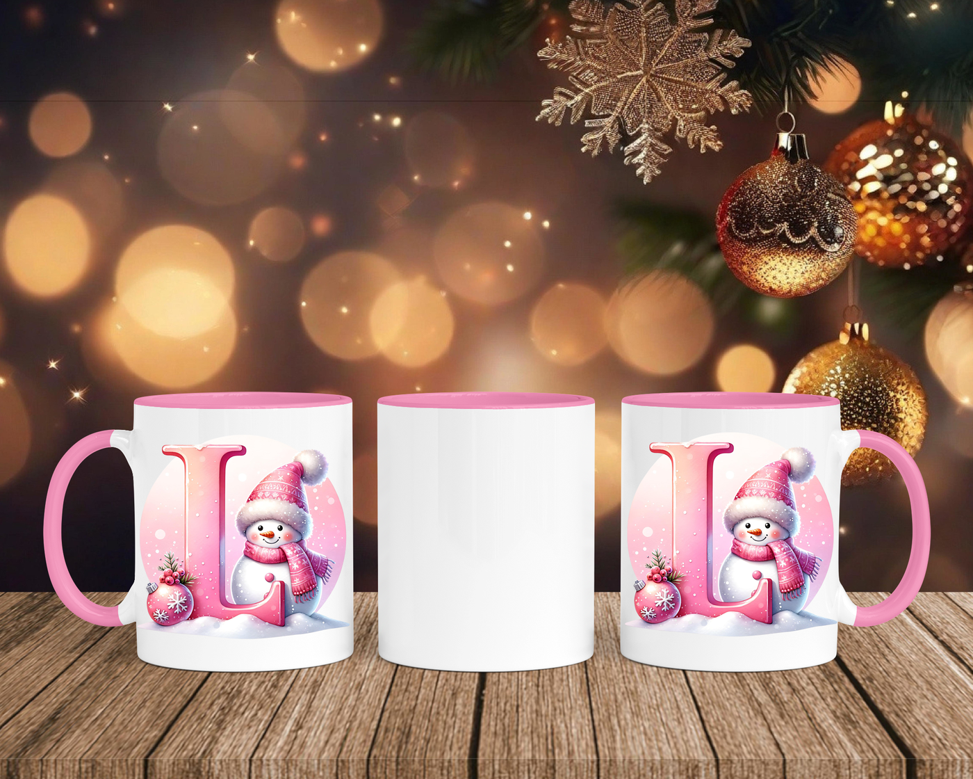 Personalisierte Keramik-Tasse in Rosa - mit Schneemann Rosa-Alphabet & Namen