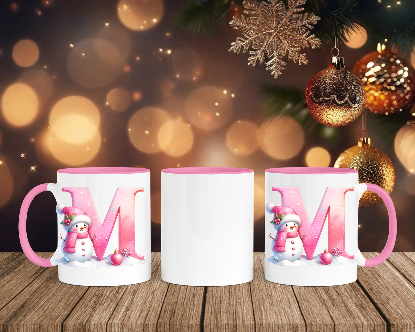 Personalisierte Keramik-Tasse in Rosa - mit Schneemann Rosa-Alphabet & Namen