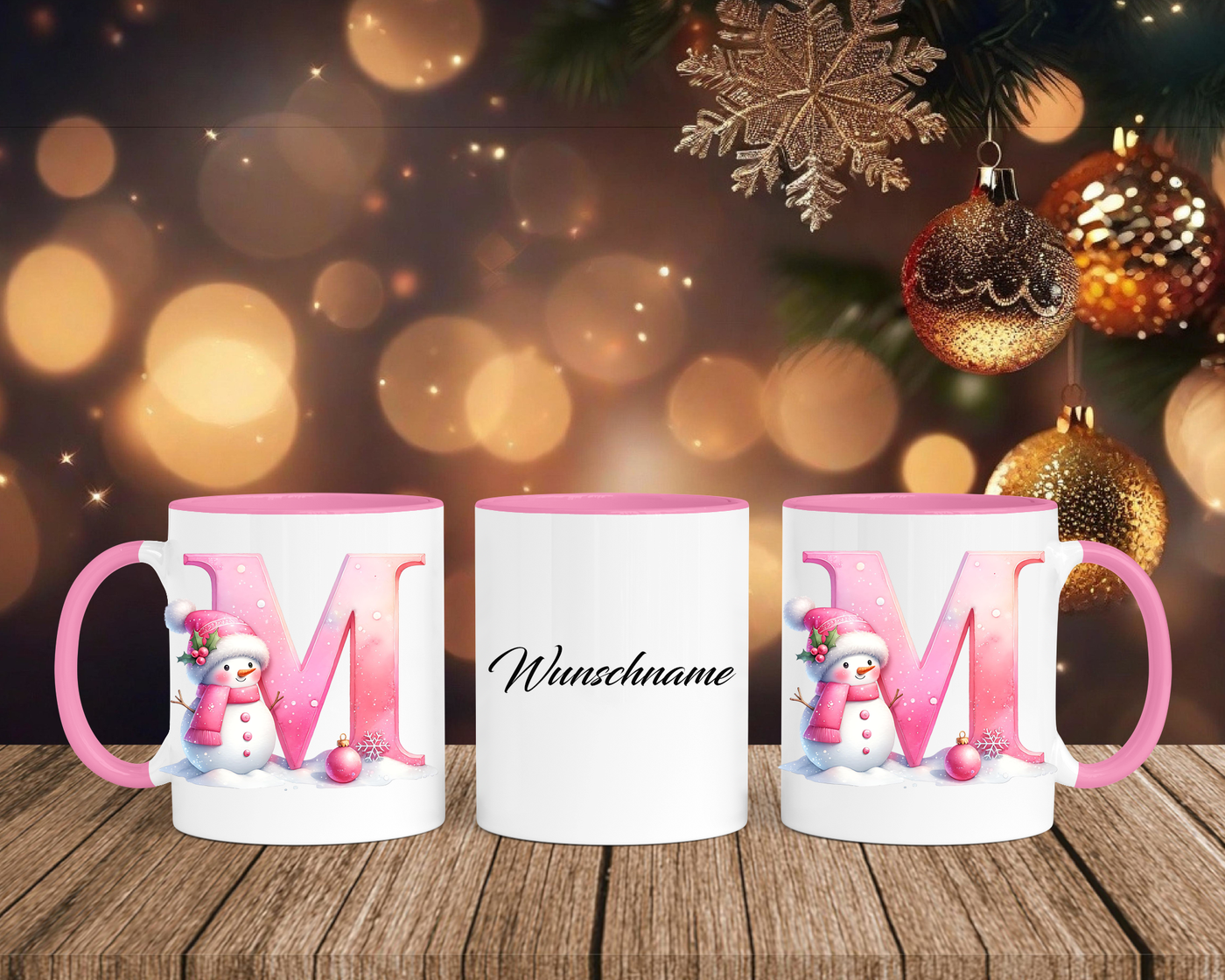 Personalisierte Keramik-Tasse in Rosa - mit Schneemann Rosa-Alphabet & Namen