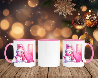 Personalisierte Keramik-Tasse in Rosa - mit Schneemann Rosa-Alphabet & Namen