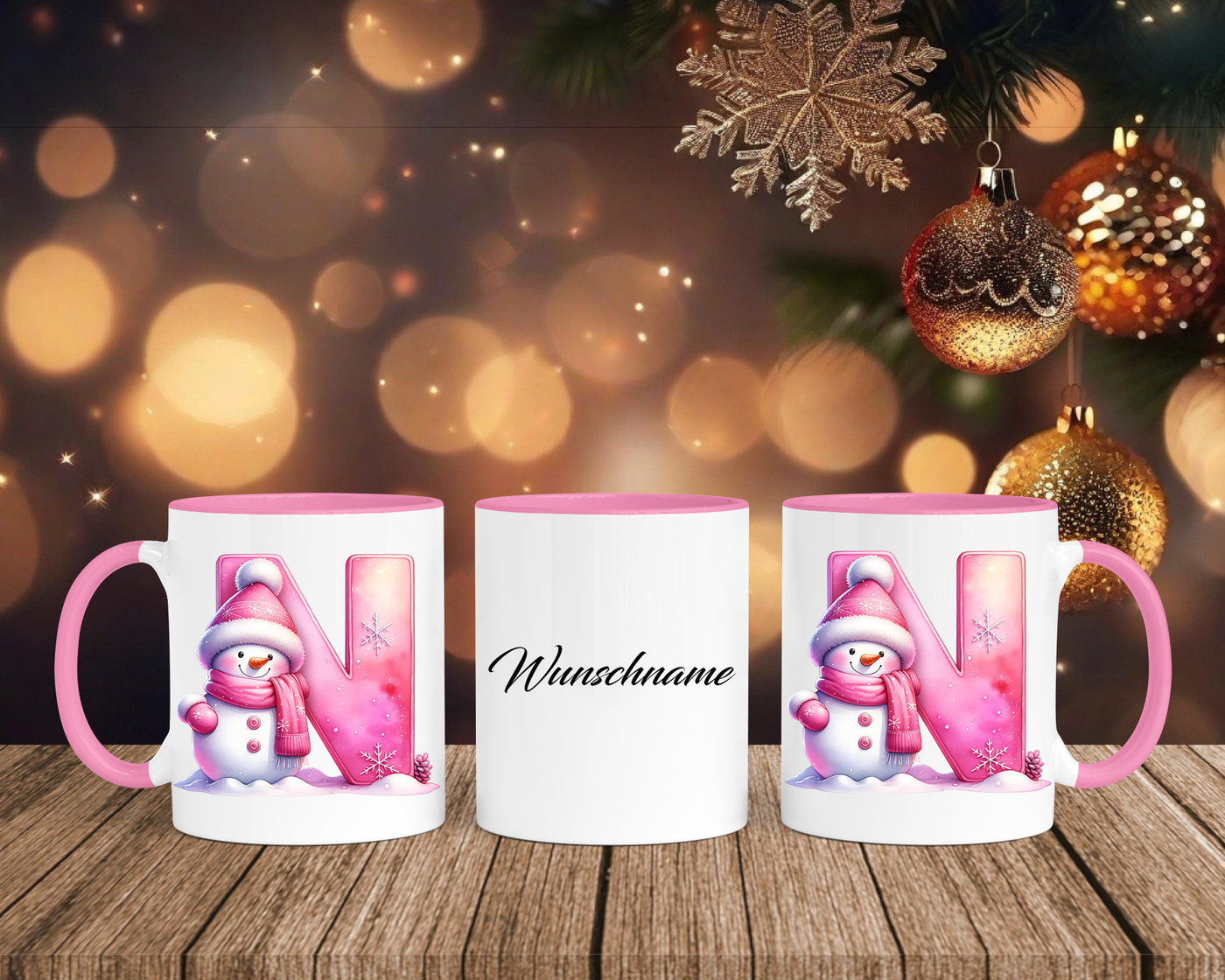 Personalisierte Keramik-Tasse in Rosa - mit Schneemann Rosa-Alphabet & Namen