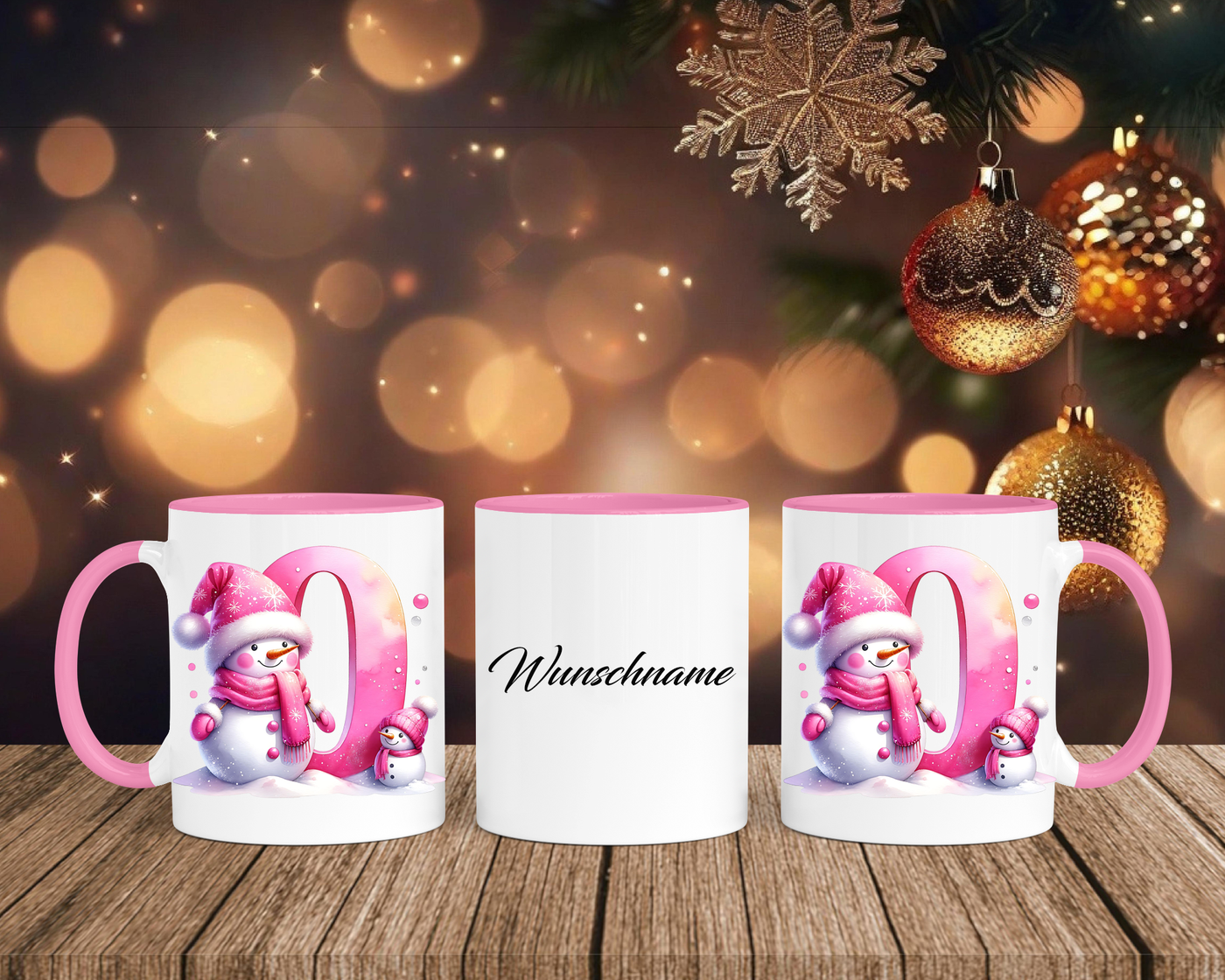 Personalisierte Keramik-Tasse in Rosa - mit Schneemann Rosa-Alphabet & Namen