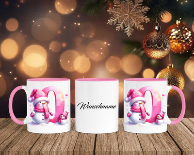 Personalisierte Keramik-Tasse in Rosa - mit Schneemann Rosa-Alphabet & Namen