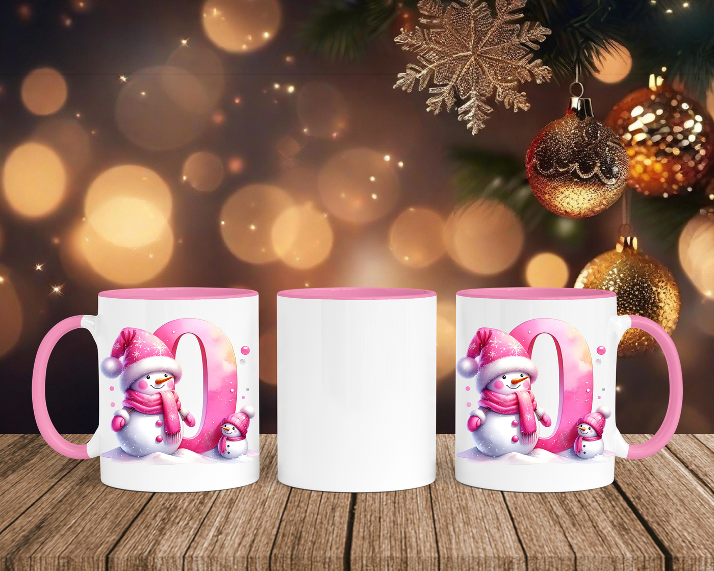 Personalisierte Keramik-Tasse in Rosa - mit Schneemann Rosa-Alphabet & Namen