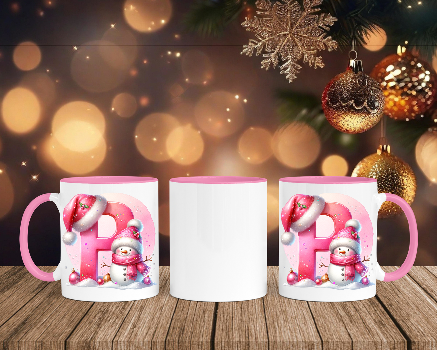 Personalisierte Keramik-Tasse in Rosa - mit Schneemann Rosa-Alphabet & Namen