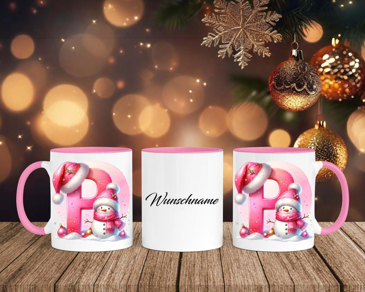 Personalisierte Keramik-Tasse in Rosa - mit Schneemann Rosa-Alphabet & Namen