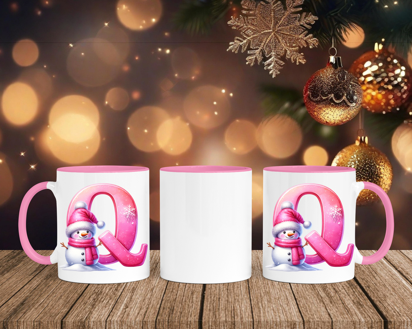 Personalisierte Keramik-Tasse in Rosa - mit Schneemann Rosa-Alphabet & Namen