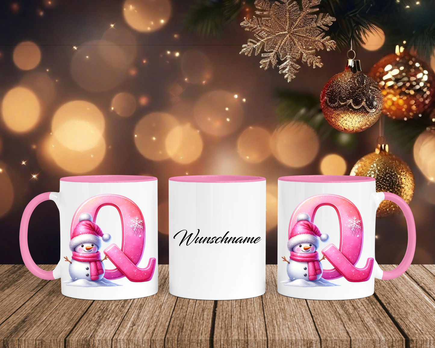 Personalisierte Keramik-Tasse in Rosa - mit Schneemann Rosa-Alphabet & Namen