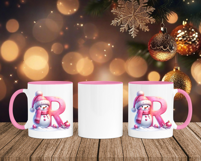 Personalisierte Keramik-Tasse in Rosa - mit Schneemann Rosa-Alphabet & Namen