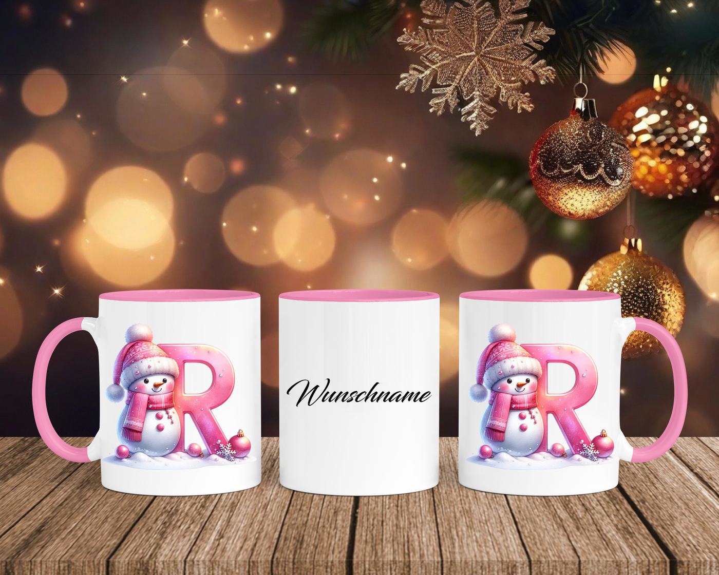 Personalisierte Keramik-Tasse in Rosa - mit Schneemann Rosa-Alphabet & Namen