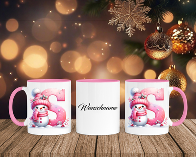 Personalisierte Keramik-Tasse in Rosa - mit Schneemann Rosa-Alphabet & Namen