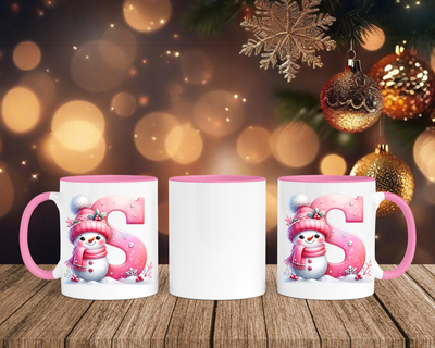 Personalisierte Keramik-Tasse in Rosa - mit Schneemann Rosa-Alphabet & Namen