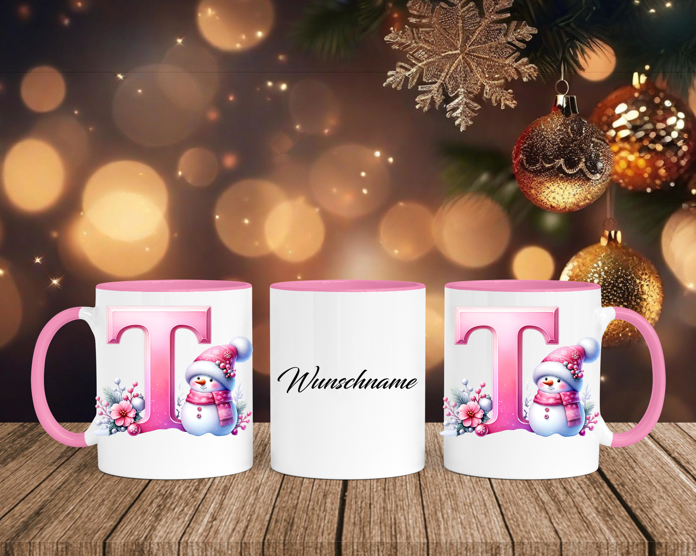 Personalisierte Keramik-Tasse in Rosa - mit Schneemann Rosa-Alphabet & Namen